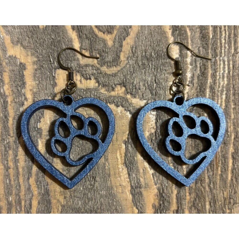 Wood Earrings - 1.5" x 1.5" - Paw in Heart - Metallic Blue - E089-03